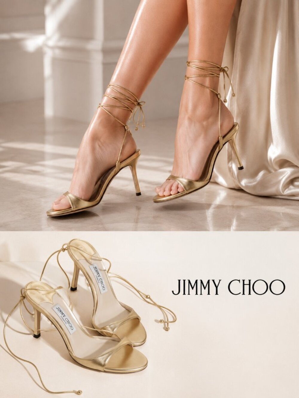Jimmy Choo Gold Metallic Leather Lace Up Ankle Wrap Heels EU 39 US 8.5 Italy
